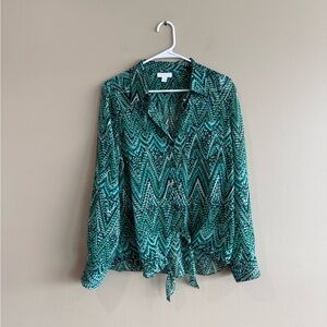 Charter Club Green Tie Front Sheer Blouse